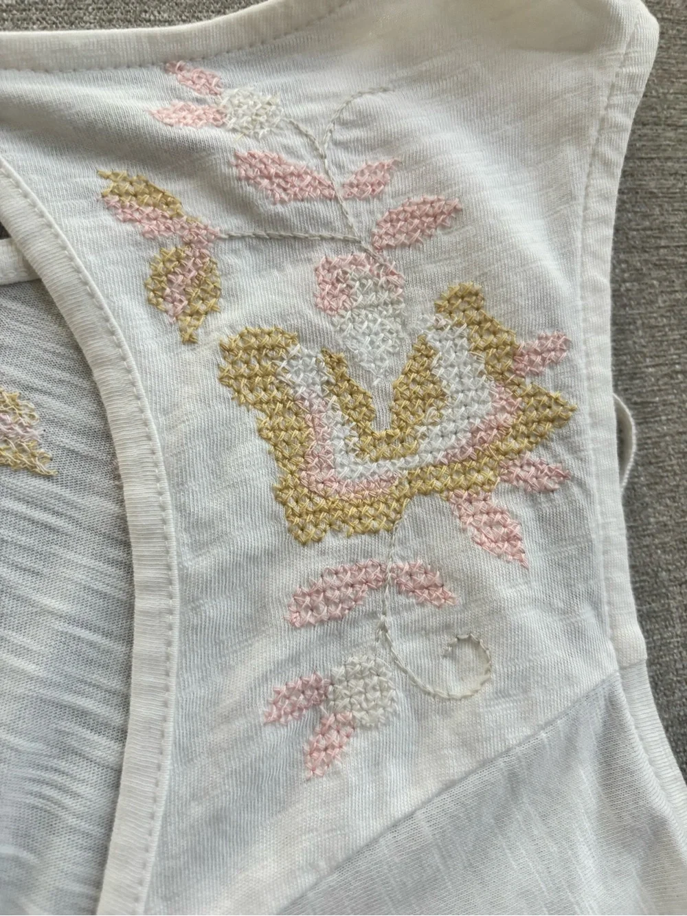 Free People White Tank Top with Pink & Gold Embroidery